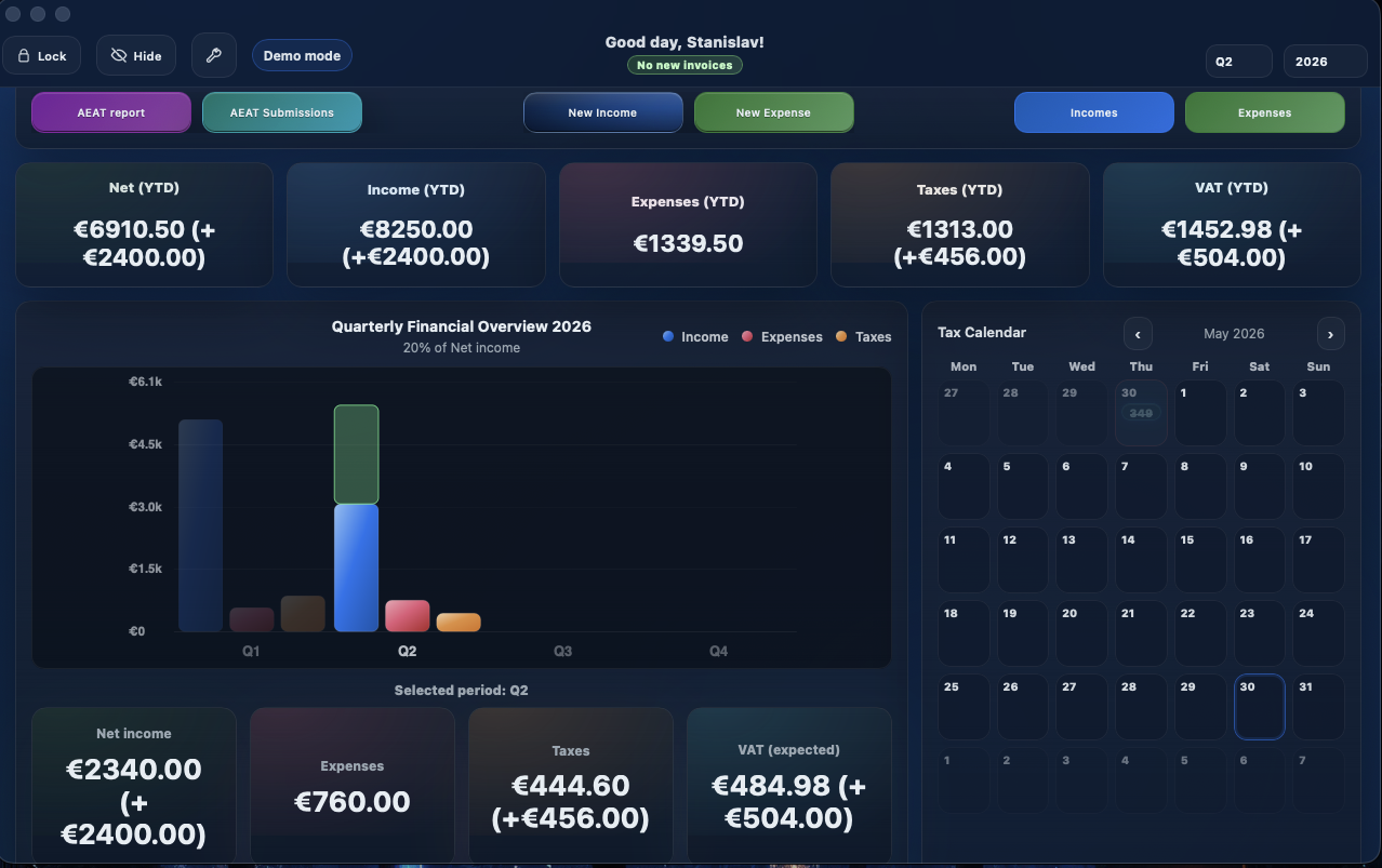Autónomo Tracker dashboard with quarterly income, expenses, tax estimates, and calendar.