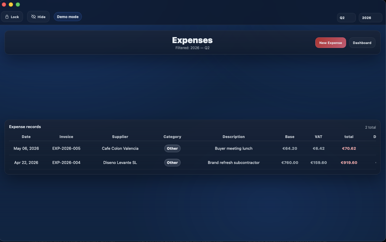 Autónomo Tracker expenses table filtered by quarter.