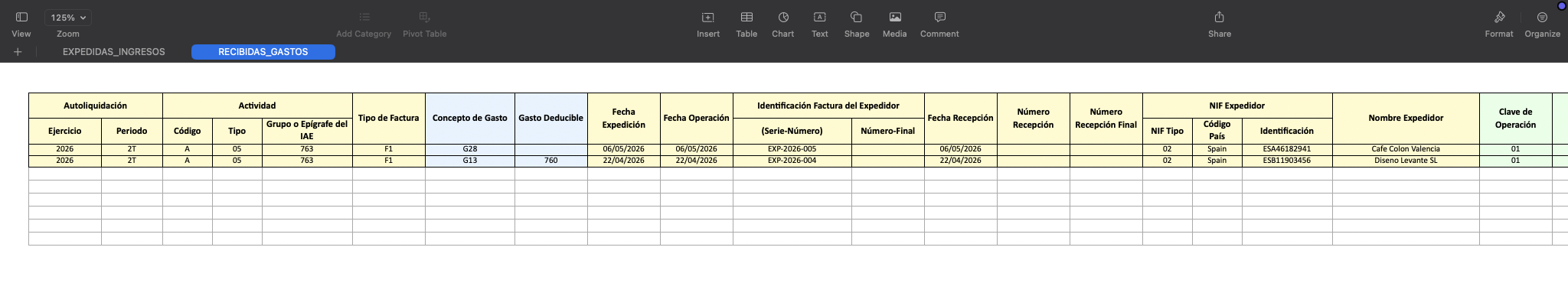 Generated AEAT spreadsheet export with expense records.