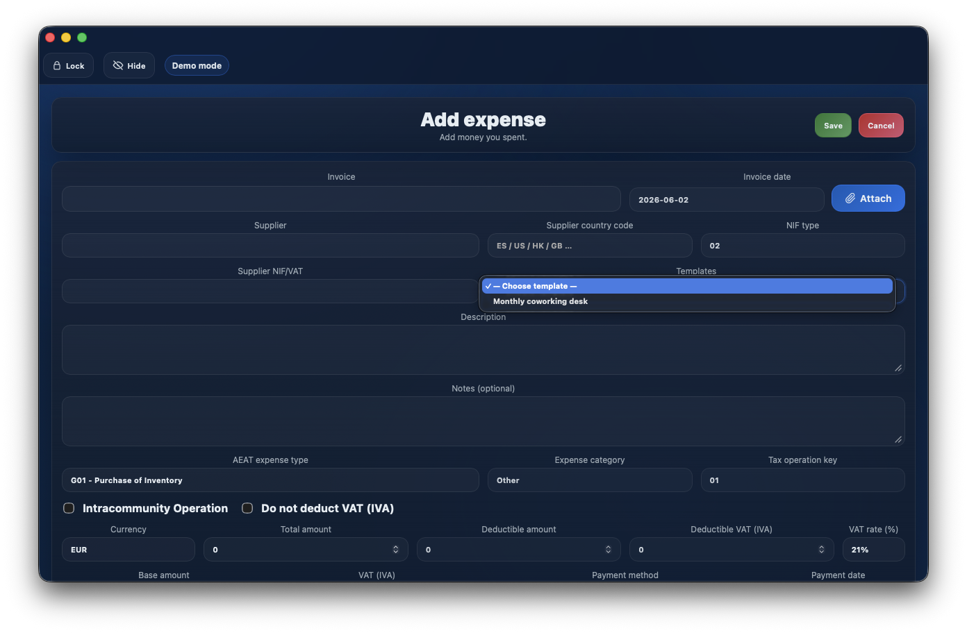 Autónomo Tracker expense form with controls for attaching invoices, receipts and PDF documents.