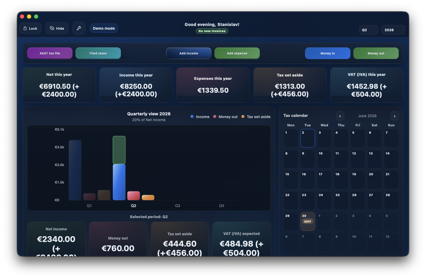 Autónomo Tracker dashboard with quarterly income, expenses, VAT and tax estimates.