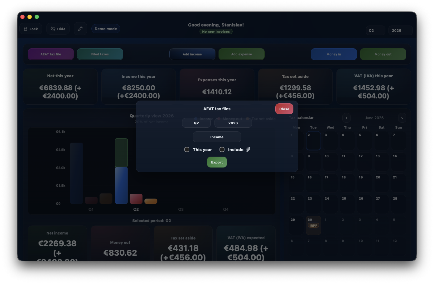 Autónomo Tracker AEAT tax files modal with quarter, year, and income inclusion controls.
