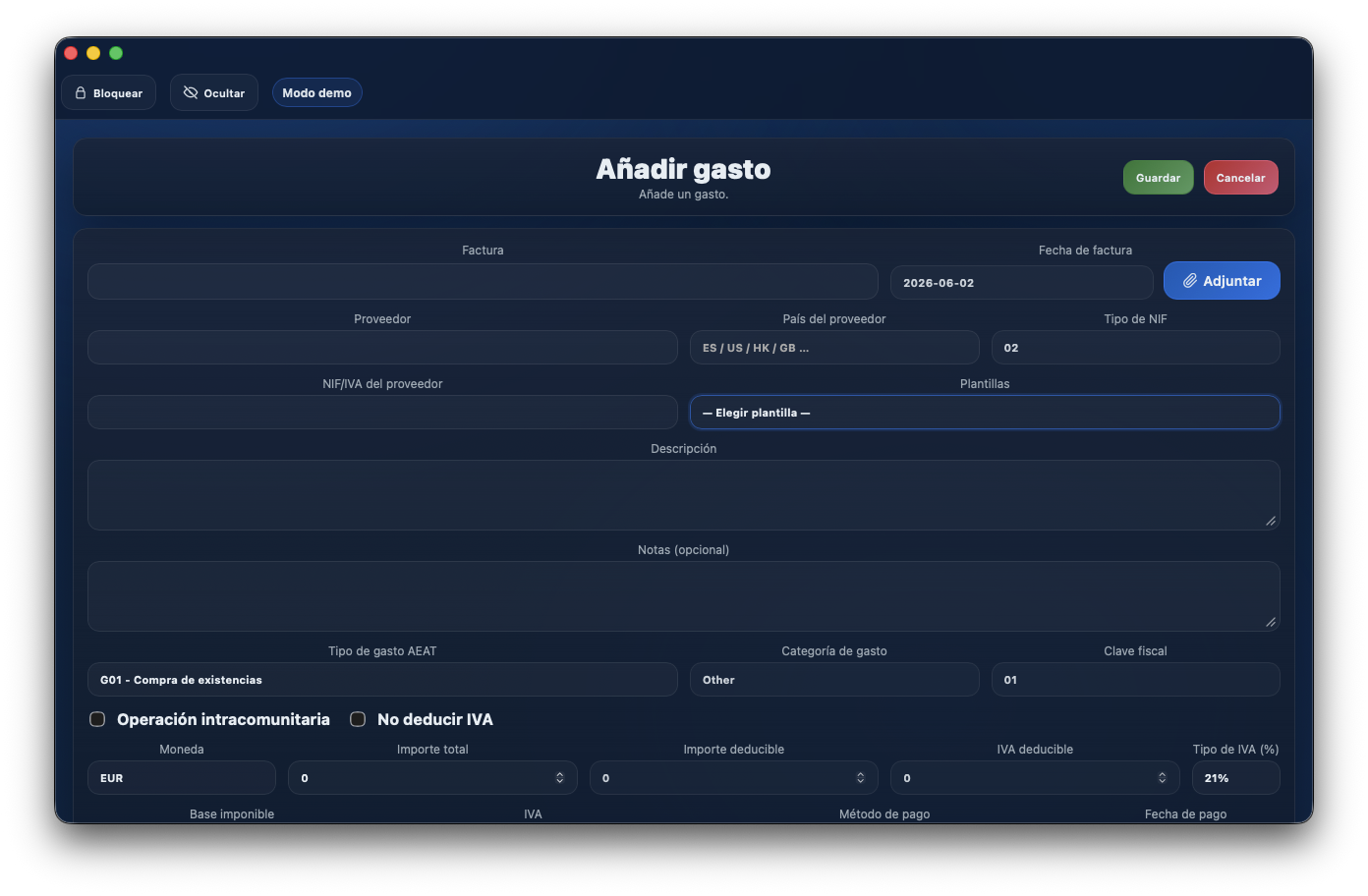 Formulario de gasto de Autónomo Tracker con controles para adjuntar facturas, recibos y documentos PDF.