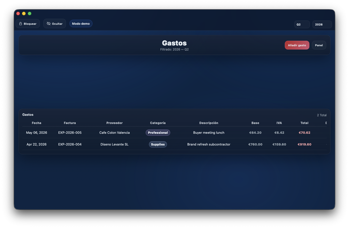Tabla de gastos de Autónomo Tracker filtrada por trimestre.