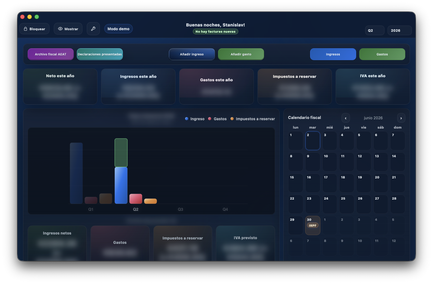 Panel de Autónomo Tracker con datos locales y resumen trimestral de registros, facturas y copias de seguridad.