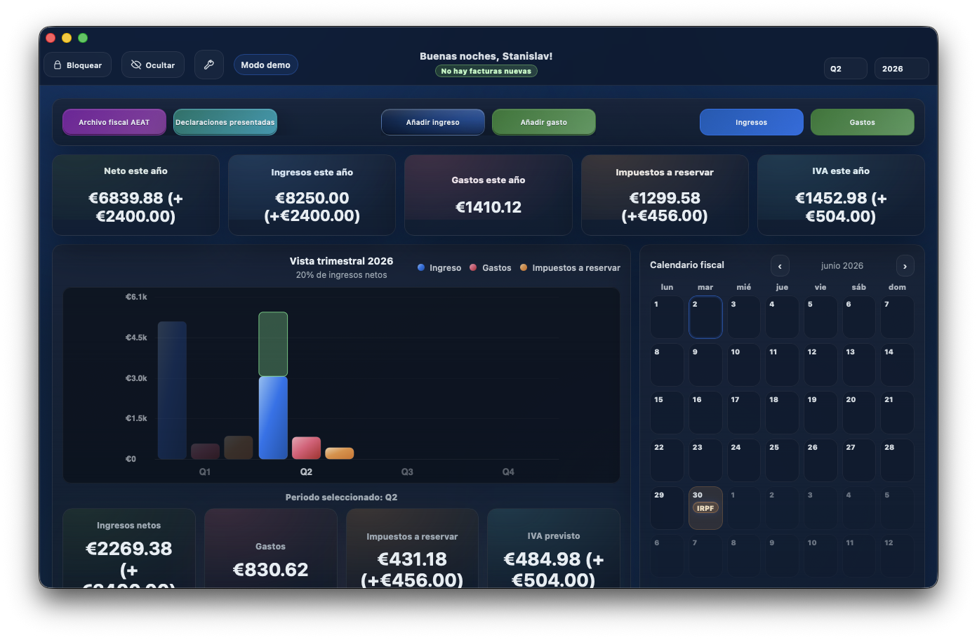 Panel de Autónomo Tracker con resumen trimestral de ingresos, gastos, IVA e impuestos.