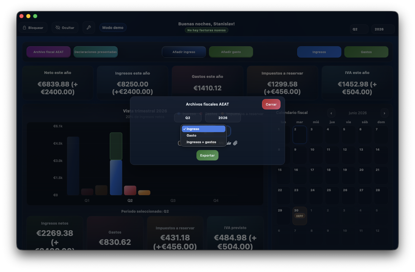 Modal de archivos fiscales AEAT en Autónomo Tracker con trimestre, año e inclusión de ingresos.